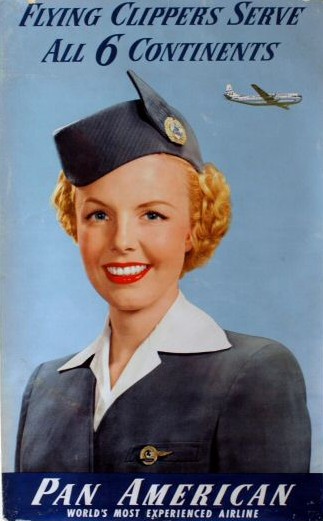 1950s A poster featuring a smiling Pan Am stewardess.